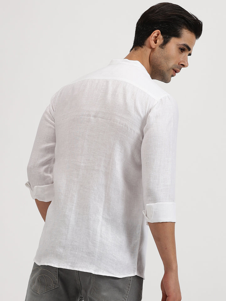 Ronan - Pure Linen Mandarin Collar Full Sleeve Shirt - White