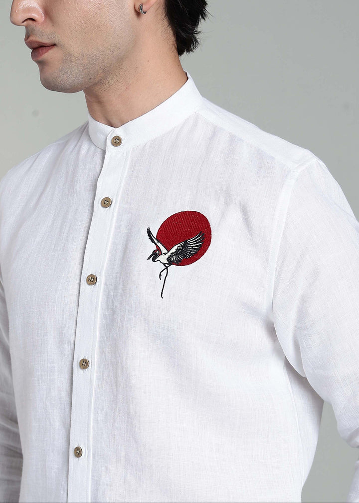 Man wearing 100% pure linen White Full Sleeve Shirt with Mandarin Collar and Japanese Inspired Embroidery in 44 LEA