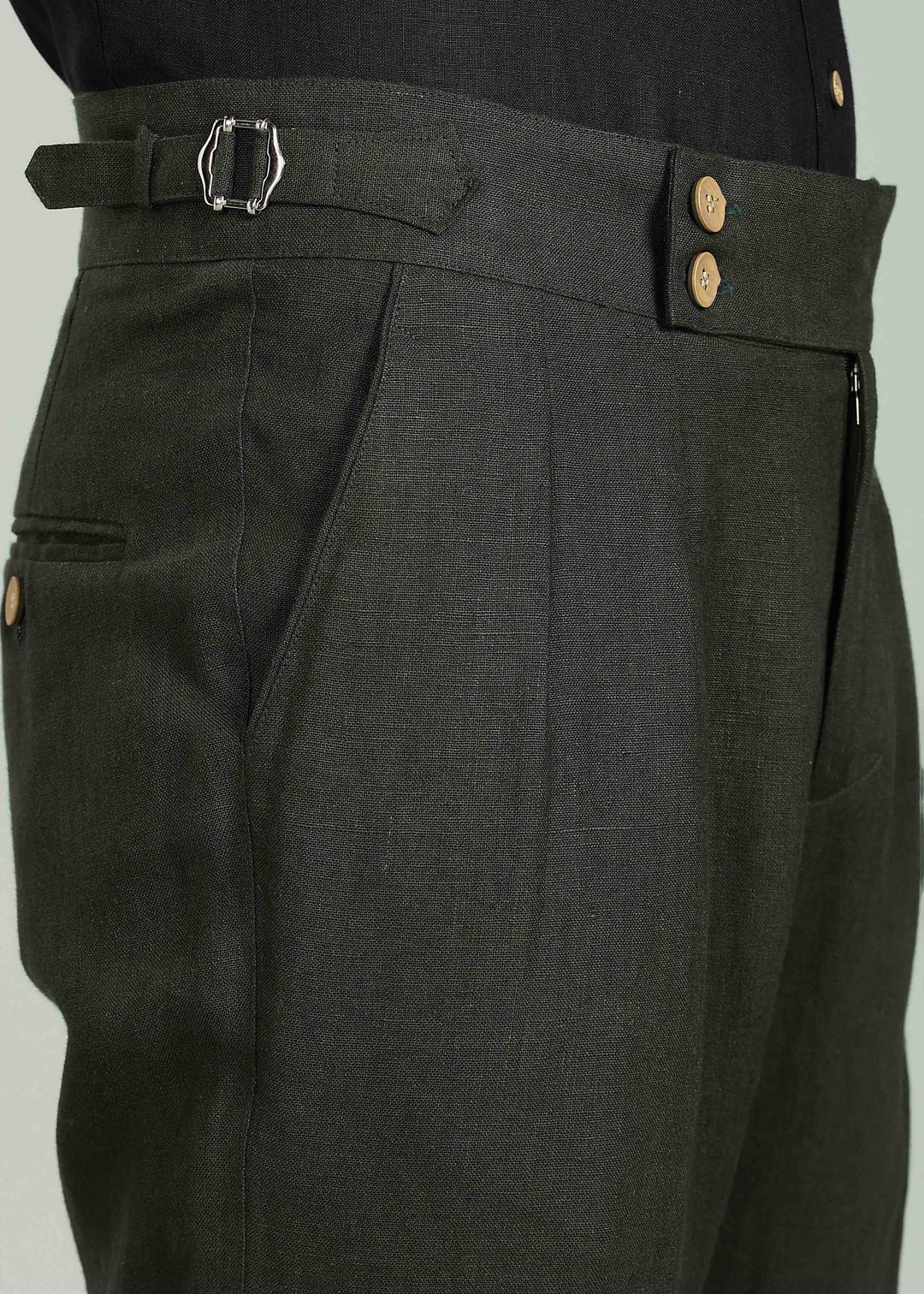 Wes Pants - Pure Linen Pleated Trousers with Adjustable Waistband - Dark Green