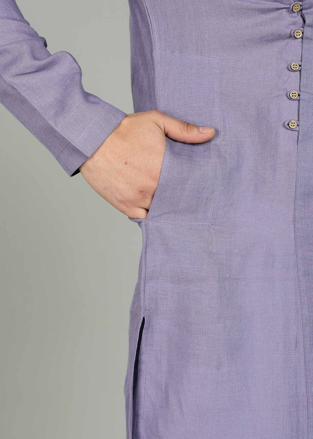 Vian Kurta Set - Pure Linen Full Sleeve Band Collar and White Kurta Pants- Lavender Violet & White