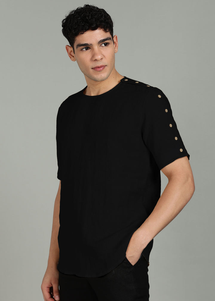 Arden - Pure Linen Button Detail T-Shirt - Black