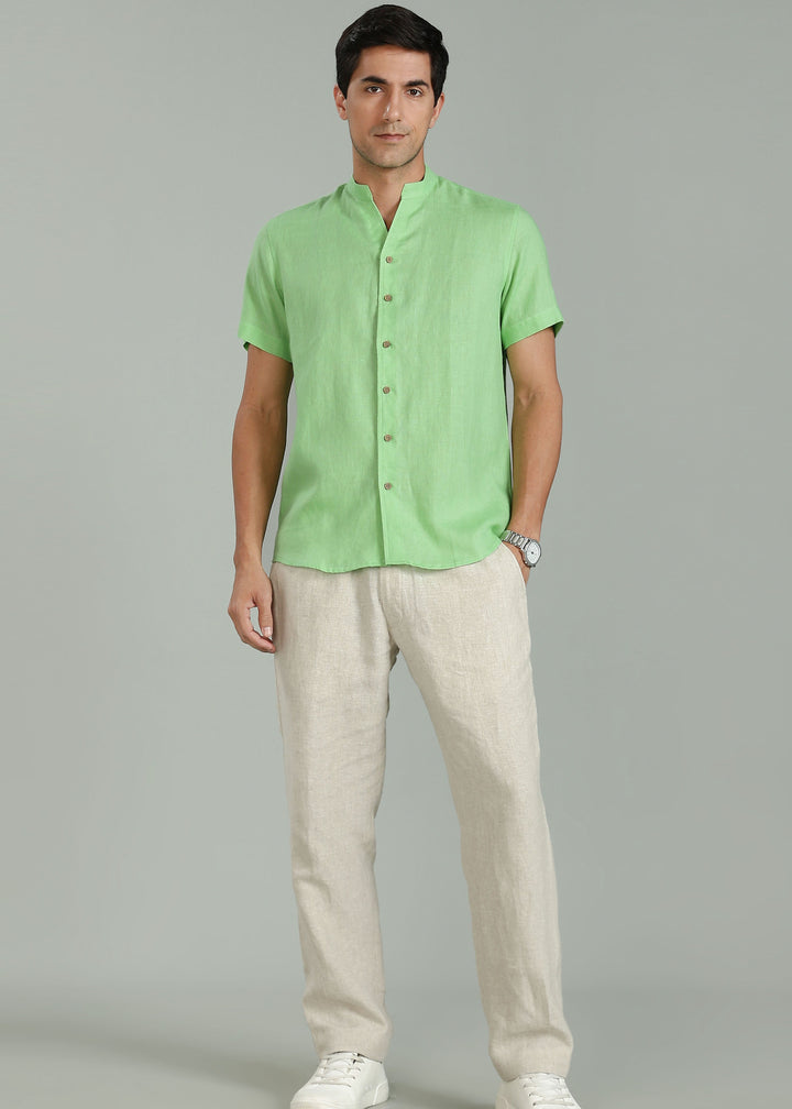 Craig - Pure Linen V Neck Short Sleeve Shirt - Light Green
