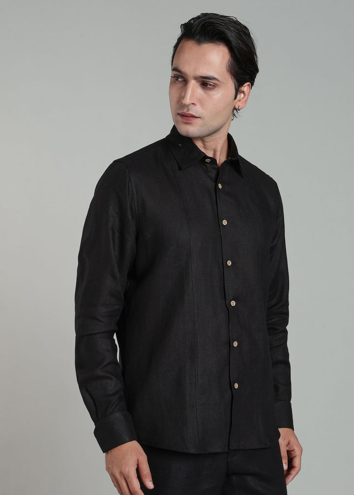 Caelyx - Pure Linen Full-Sleeve Shirt with Foldable Cuff Detail - Black