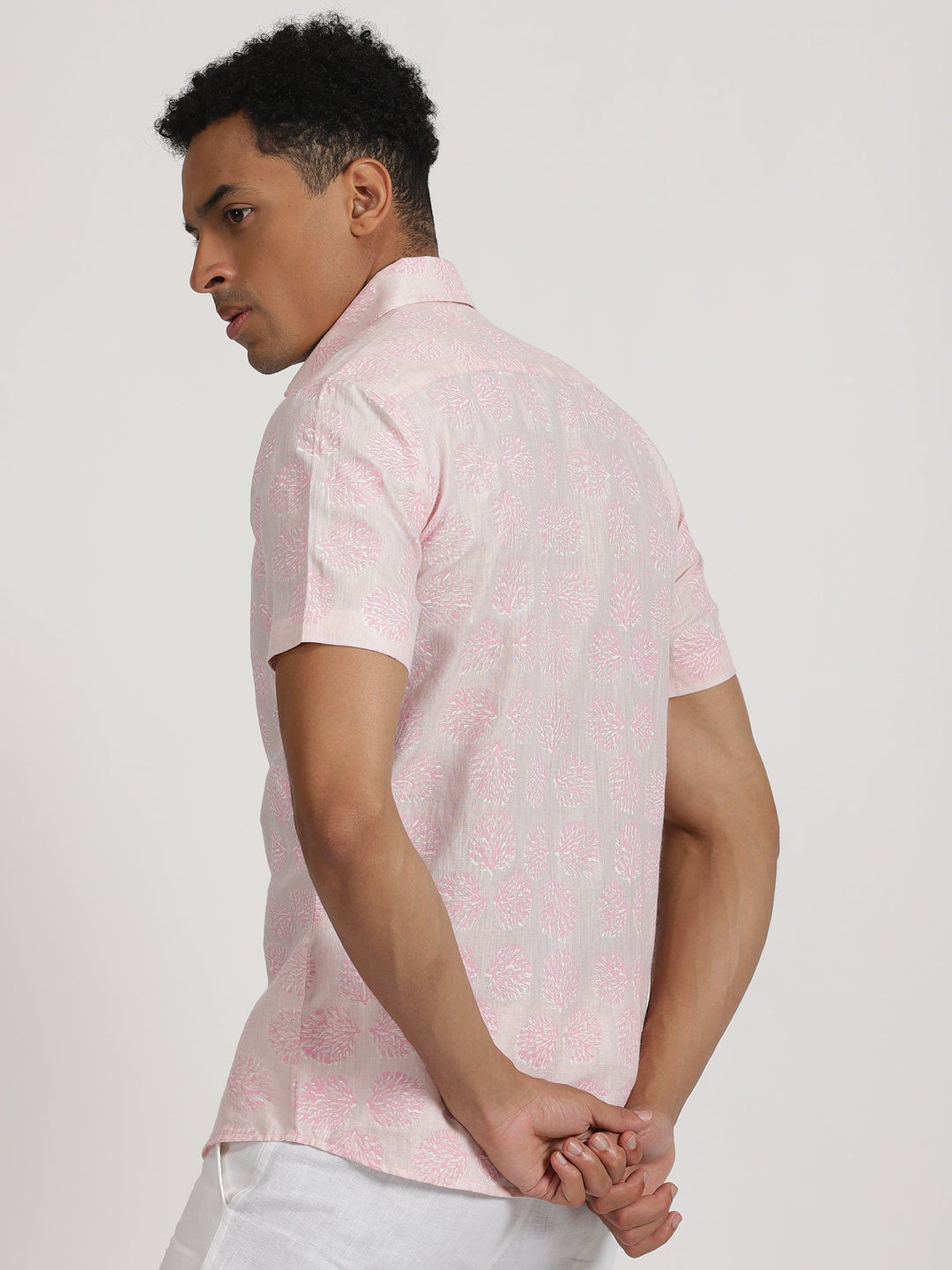 Rex - Pure Linen Hand Block Double Printed Short Sleeve Shirt - Light Pink | Rescue