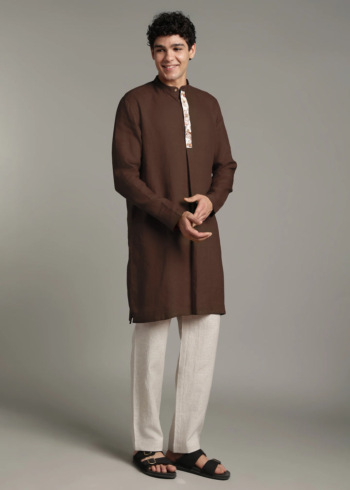 Vansh - Pure Linen Regular Kurta with Printed Placket detail - Coffee Brown