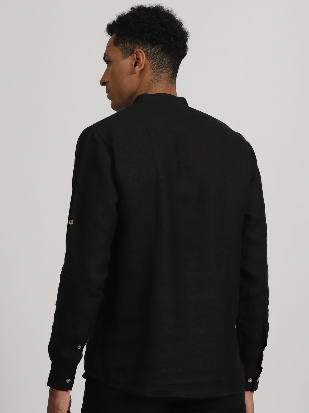 Kai - Pure Linen Embroidered Long Sleeve Shirt - Black