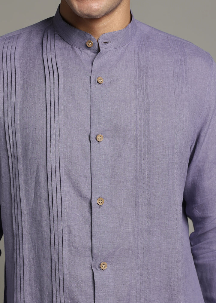 Archer - Pure Linen Mandarin Collar Pleat Detail Full Sleeve Shirt - Lavender Violet