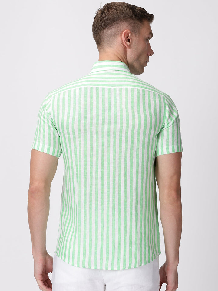 Arthur - Pure Linen Short Sleeve Shirt - Awning Green Stripes | Rescue