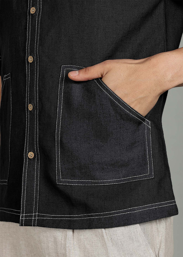 Holt - Pure Linen 25 Lea Shirt with Contrast Stitch Details - Black