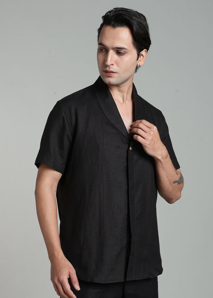 Cyrus - Pure Linen Half Sleeve Shawl Collar Shirt - Black