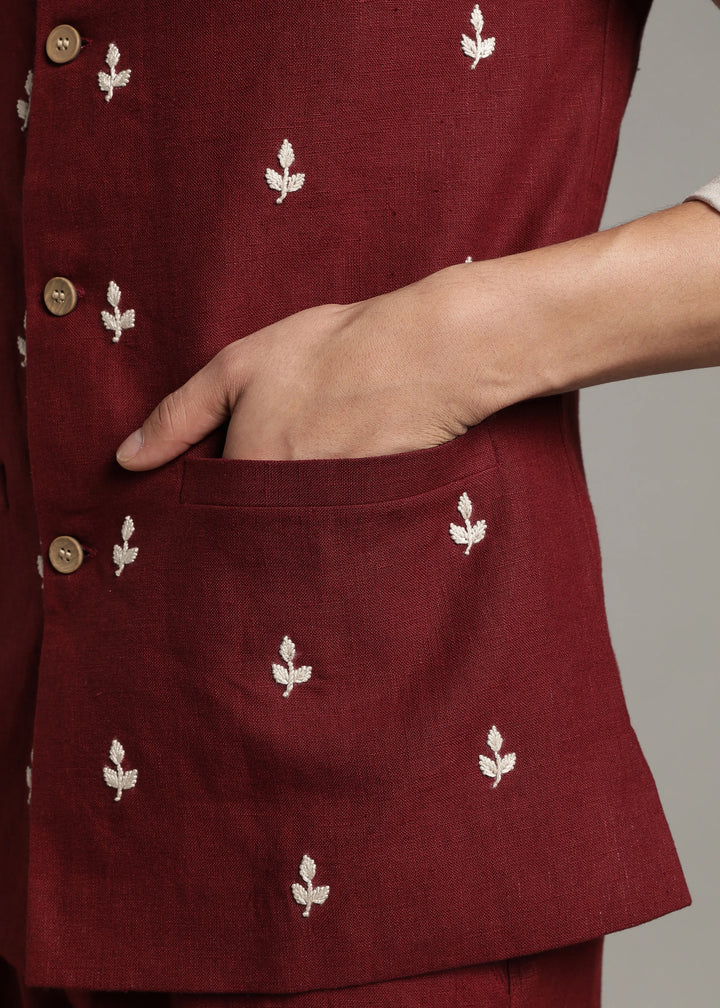 Gulzar - Hand Embroidered Pure Linen Nehru Jacket - Dark Maroon
