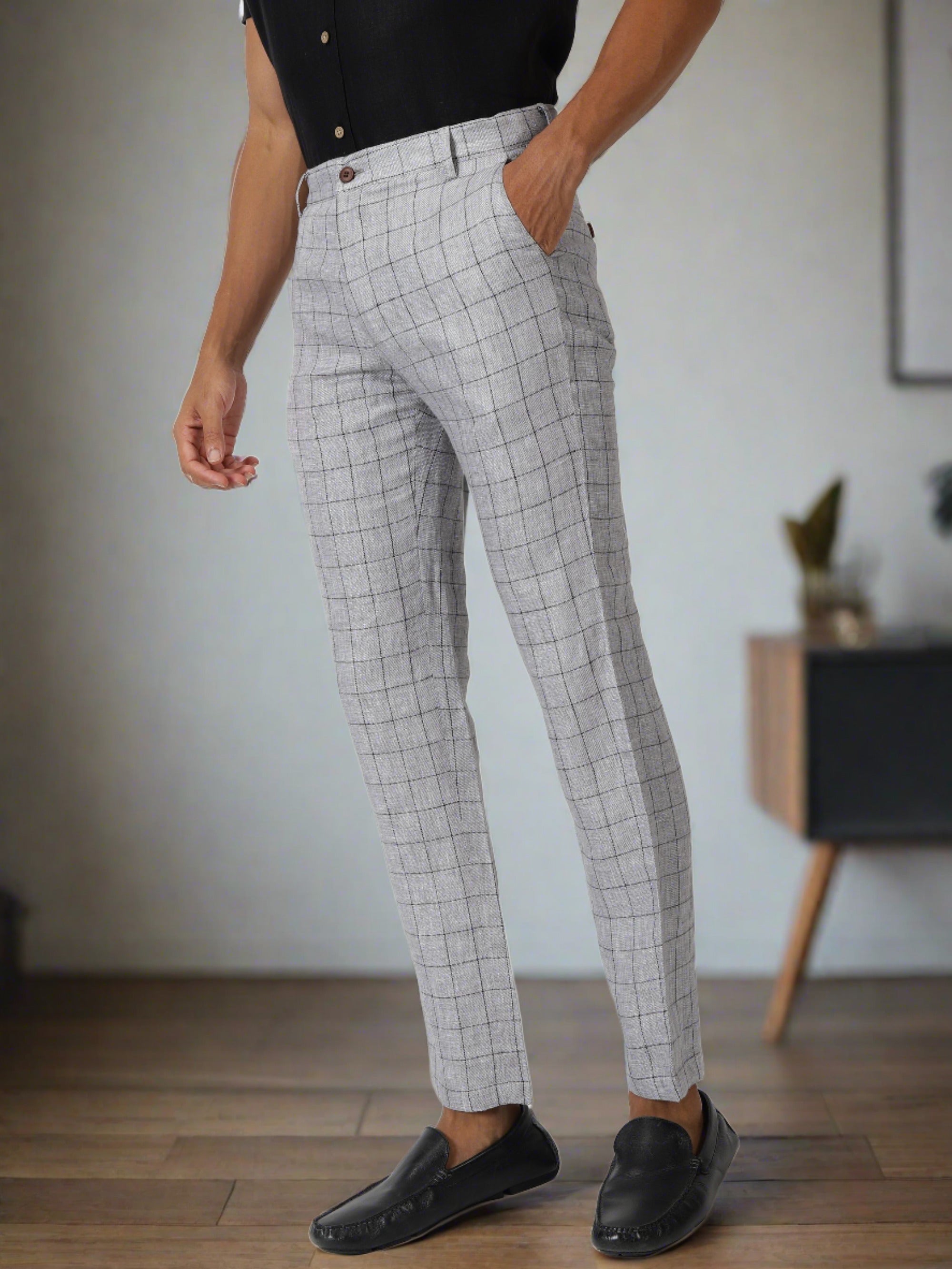 WES Formals Grey Glen Plaid Checked Carrot Fit Trousers – Cherrypick