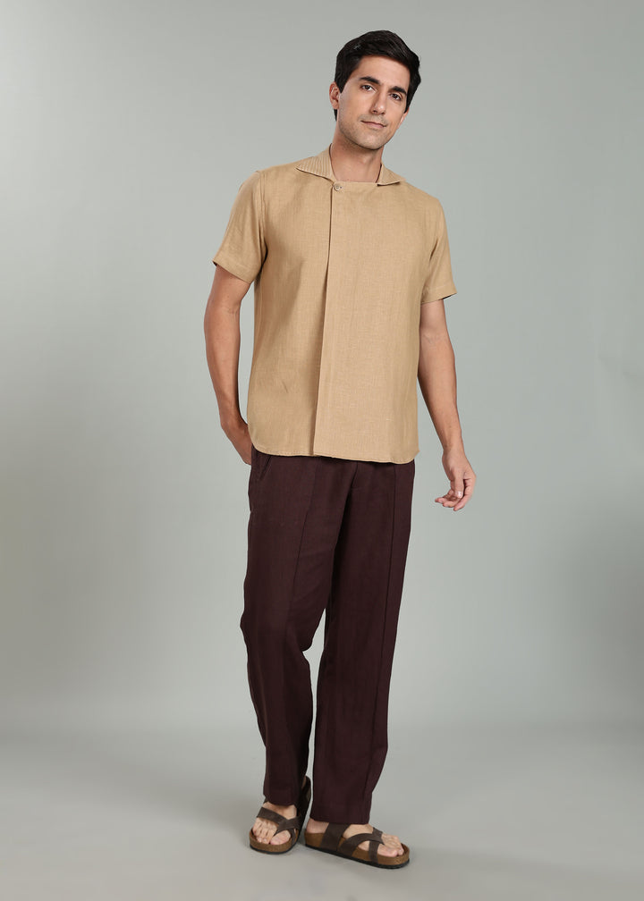 Sean Shirt - Pure Linen Half Sleeve Shirt with Concealed Placket - Oakwood Brown