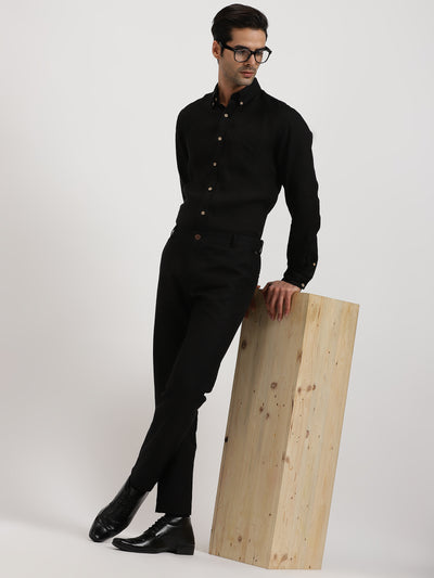 Midnight Chic Set Look | Buttoned Down Black  Linen Shirt & Pure Black Trousers