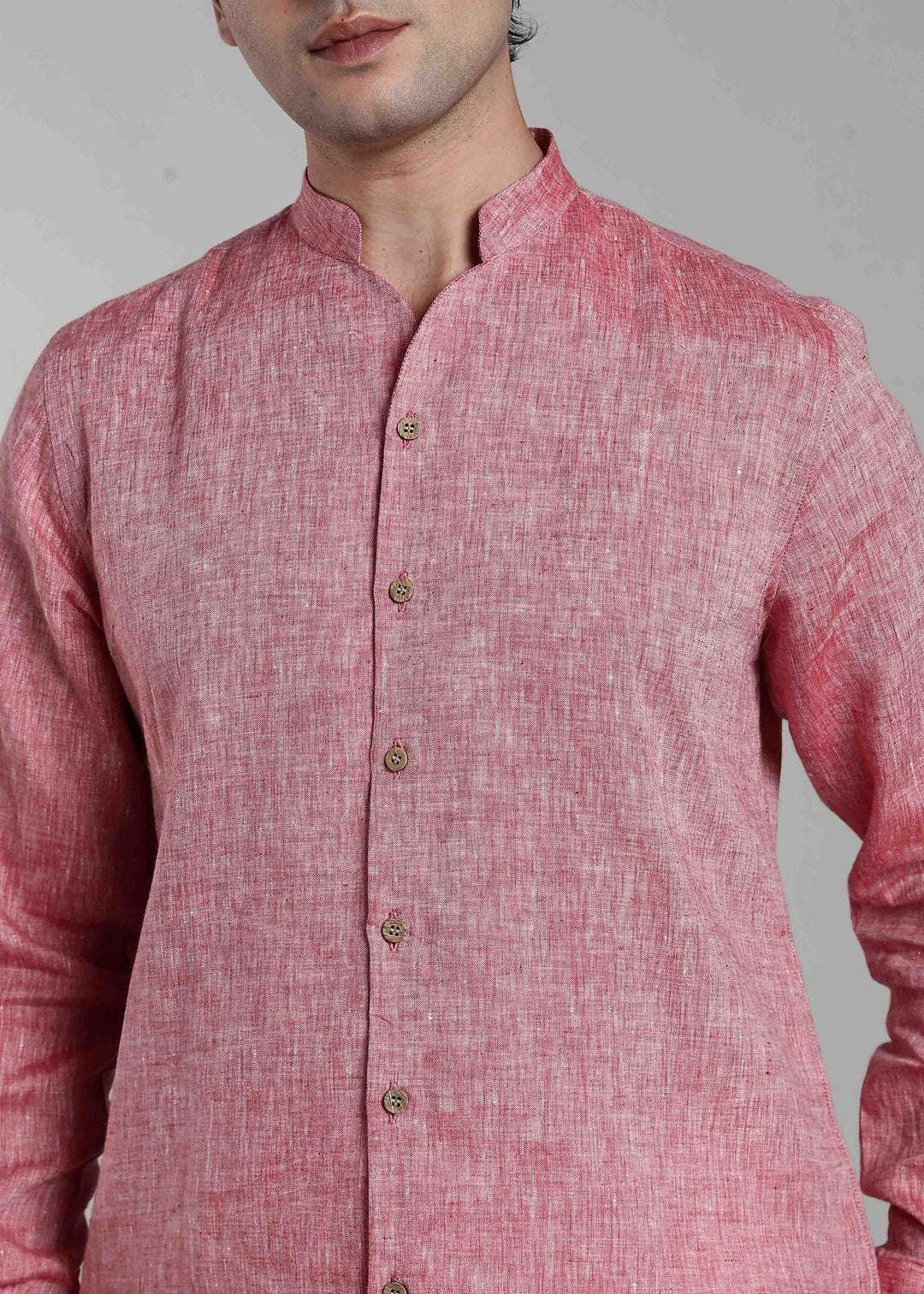 Zeke - Pure Linen Shirt with Back Box Pleat & Button Detail - Red Chambray