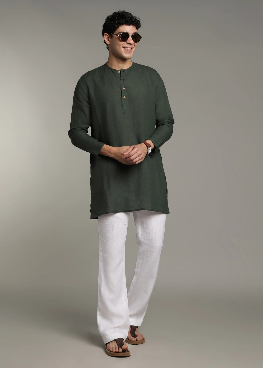 Zouq - Full Sleeve Collarless Pure Linen Mid Kurta  - Dark Fern Green