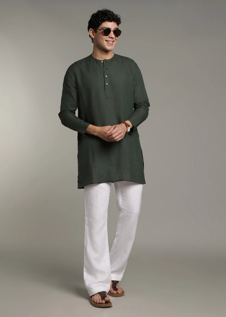 Zouq - Full Sleeve Collarless Pure Linen Mid Kurta  - Dark Fern Green