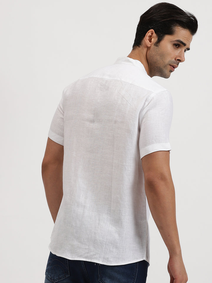Ronan - Pure Linen Mandarin Collar Half Sleeve Shirt - White