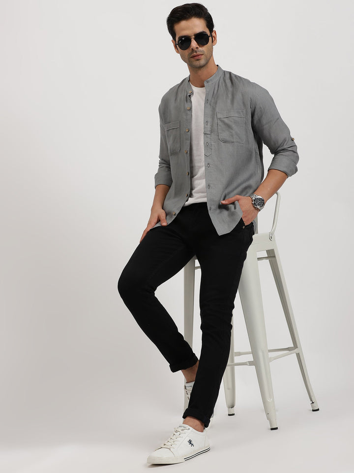 Luca - Pure Linen Double Pocket Full Sleeve Shirt - Slate Grey | Rescue