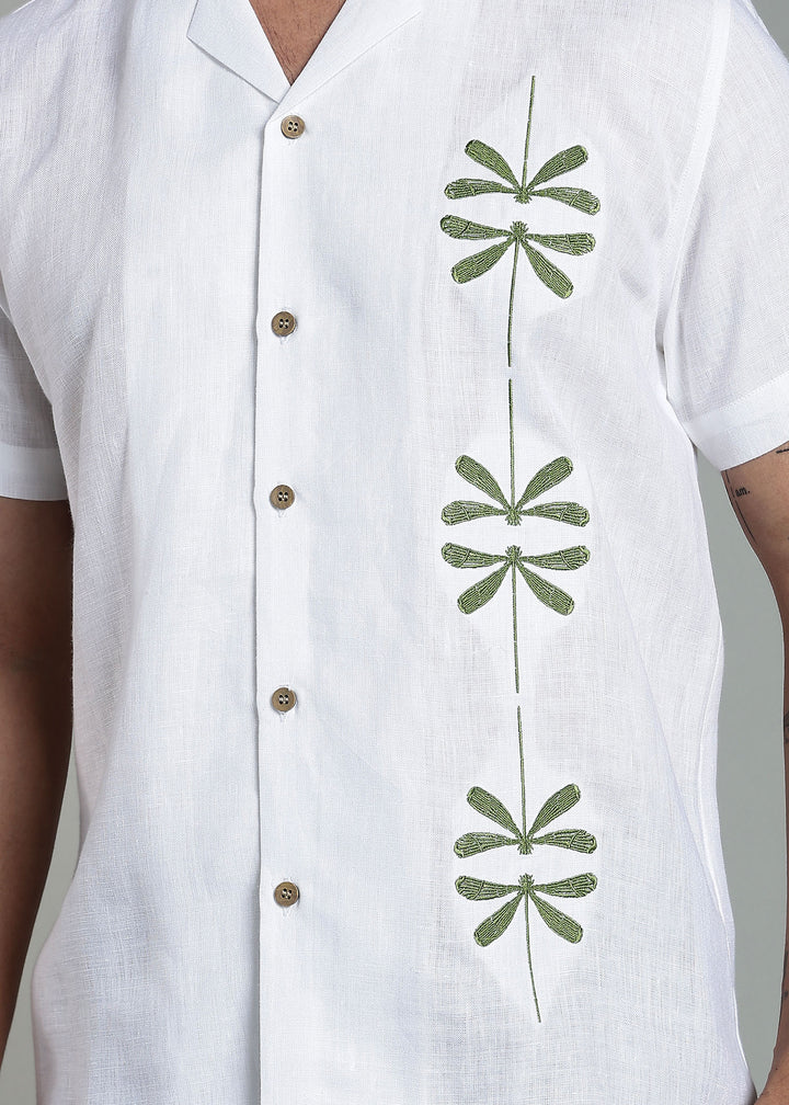 Bayu - Pure Linen Half Sleeve Cuban Collar Shirt with Dragonfly Embroidery - White