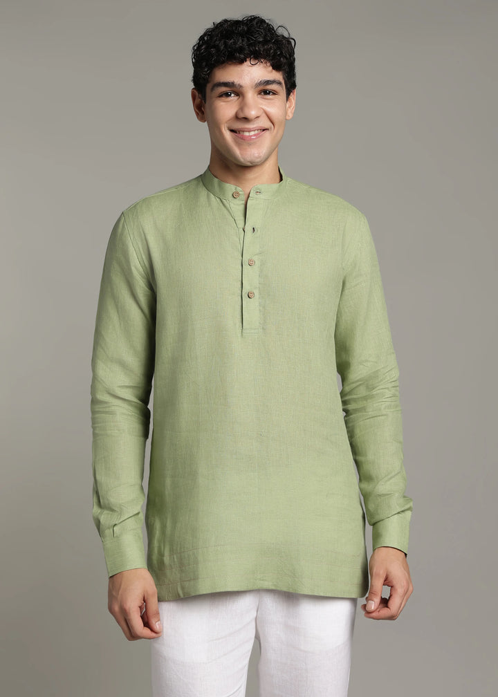 Saif - Pure Linen Full Sleeve Short Kurta with Hem Stitch Detail - Peppermint Green