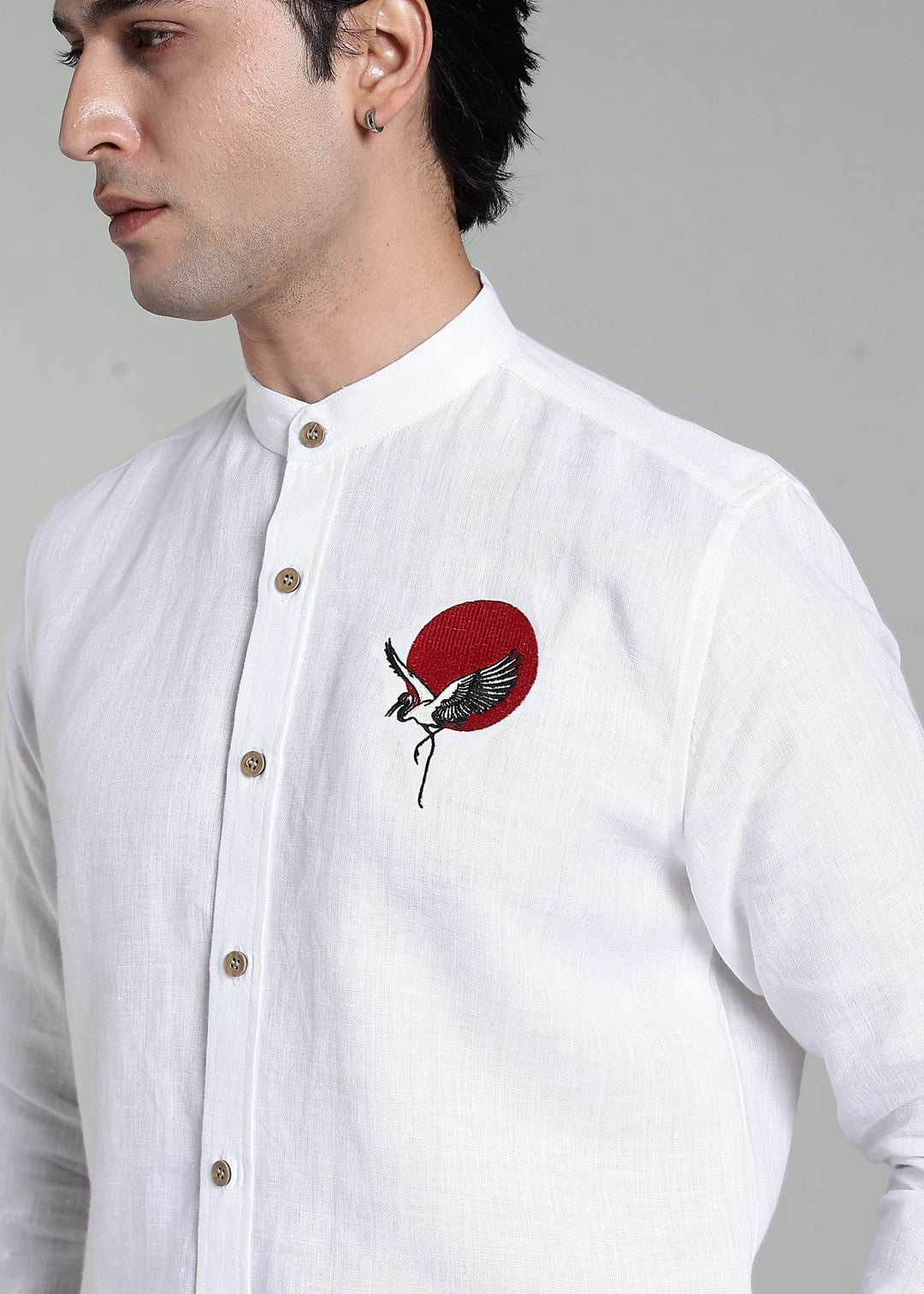 Asahi - Pure Linen Full Sleeve Mandarin Collar Embroidered Shirt - White