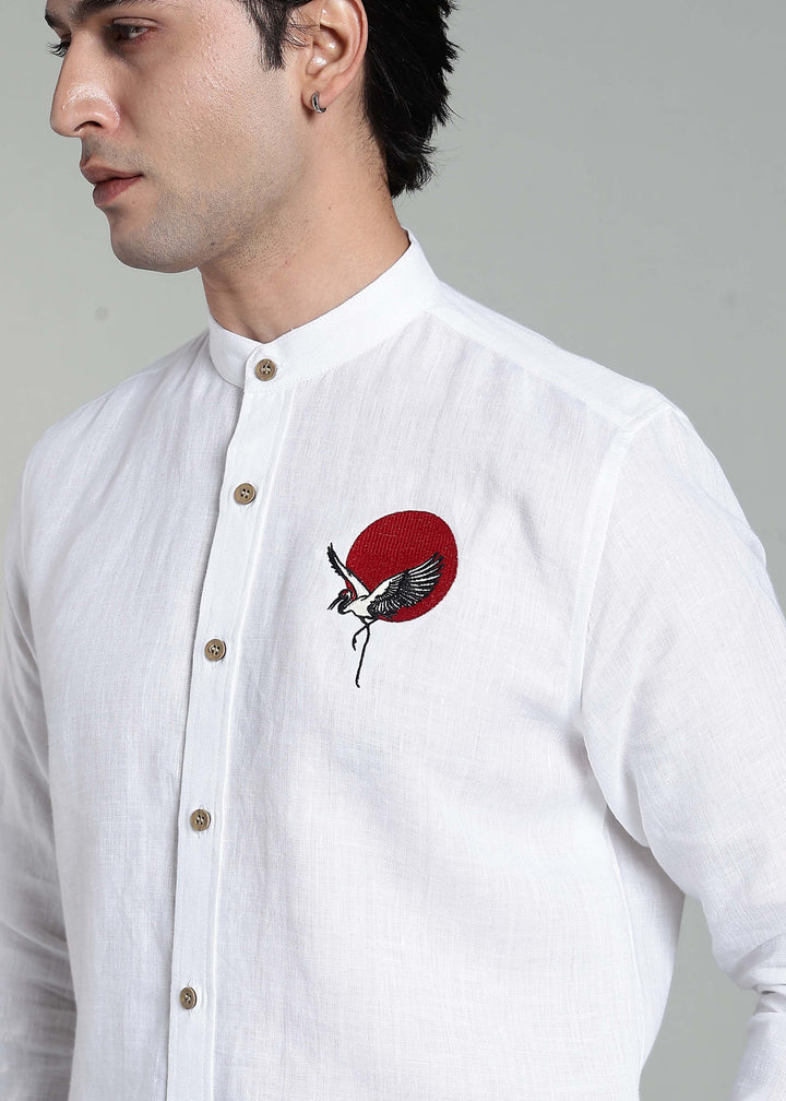 Asahi - Pure Linen Full Sleeve Mandarin Collar Embroidered Shirt - White