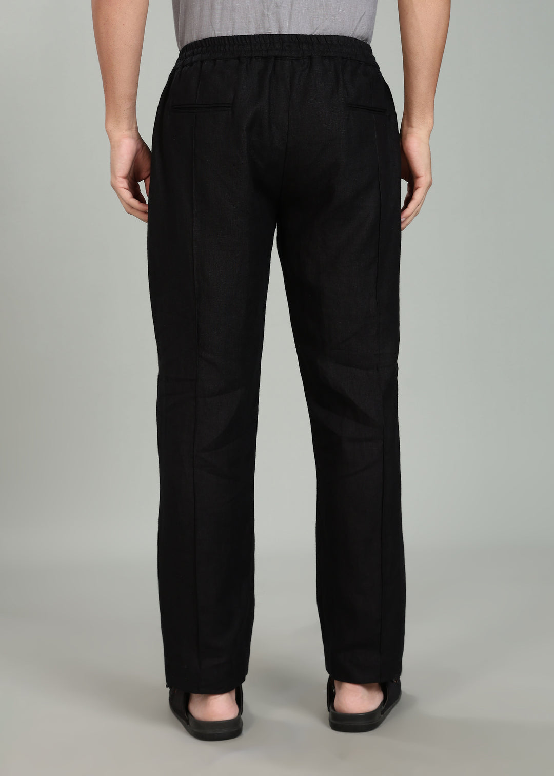 Art Pants - Pure Linen Elastic Casual Pants with Drawstrings - Black