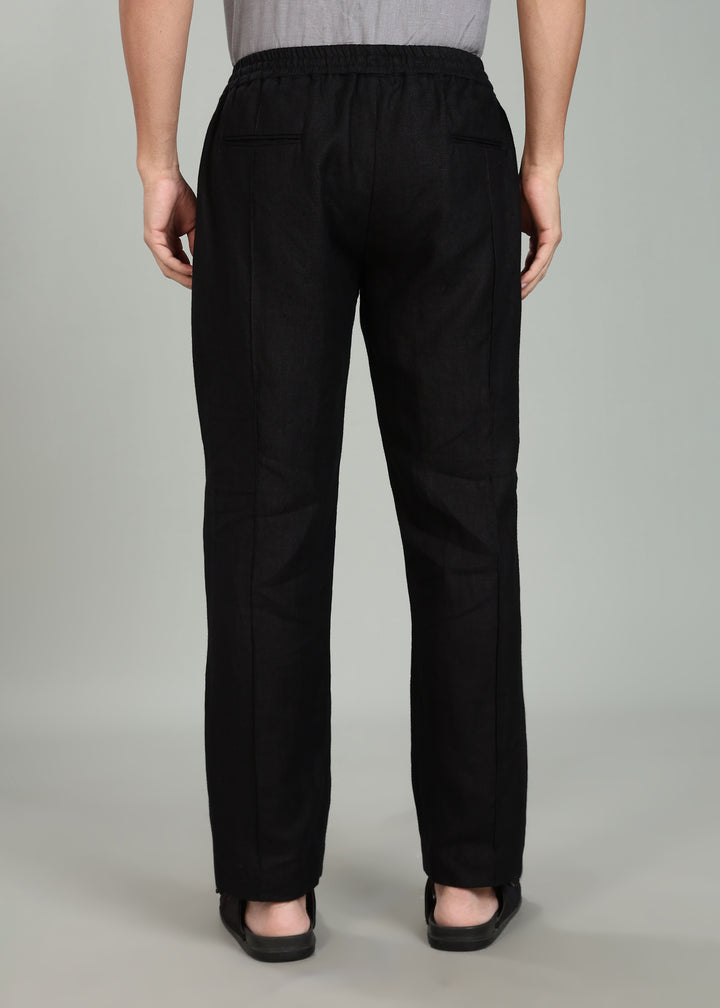 Art Pants - Pure Linen Elastic Casual Pants with Drawstrings - Black