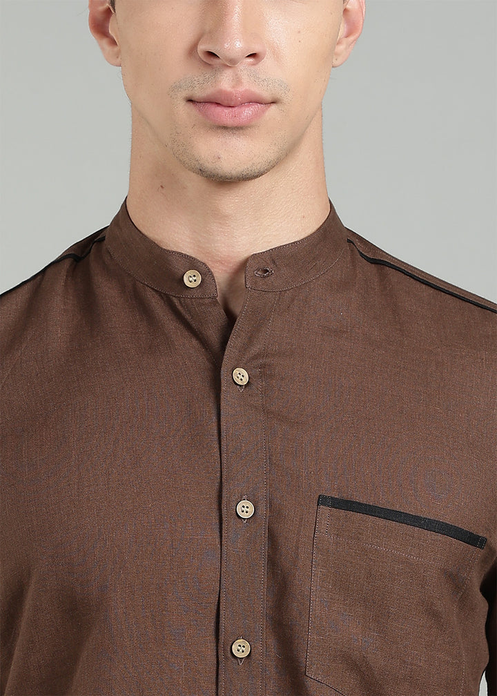 Enso - Pure Linen Half Sleeve Shirt - Coffee Brown