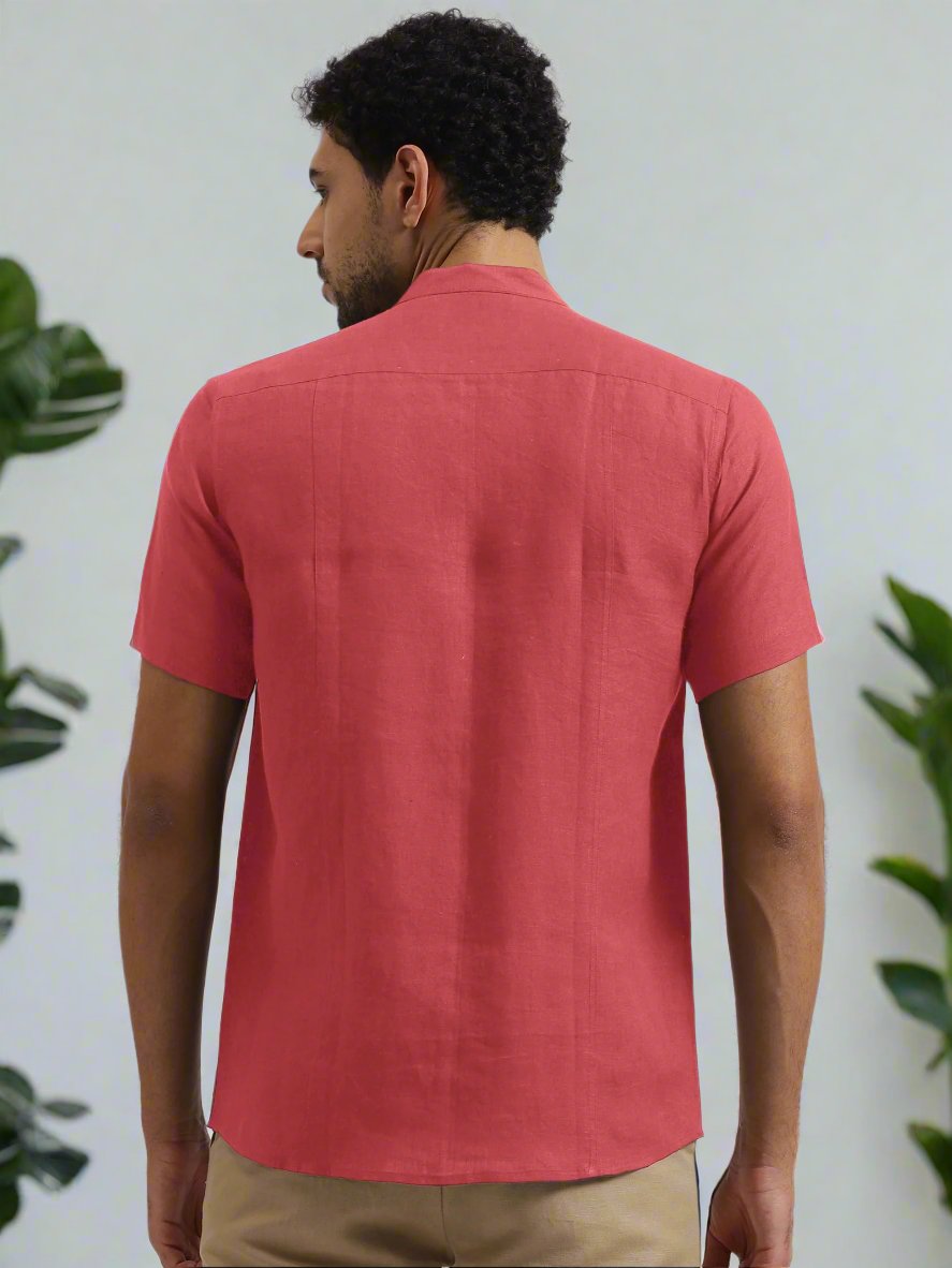 Trevor - Pure Linen Mandarin Collar Half Sleeve Shirt - Coral Peach