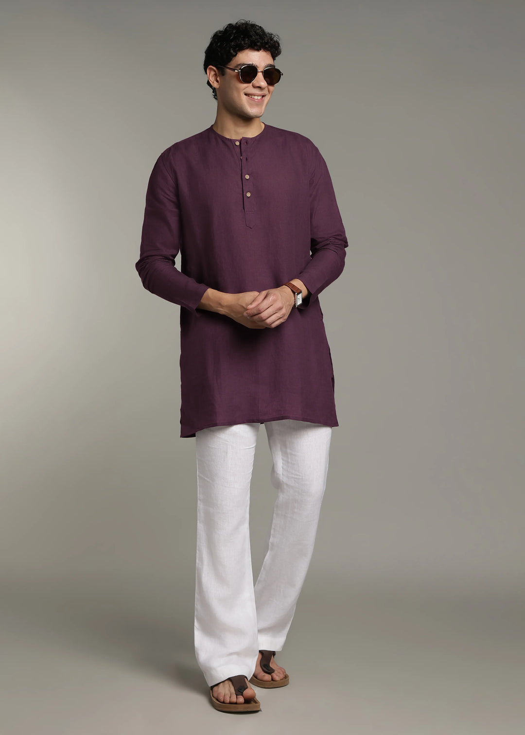 Zouq - Full Sleeve Collarless Pure Linen Mid Kurta  - Dark Purple