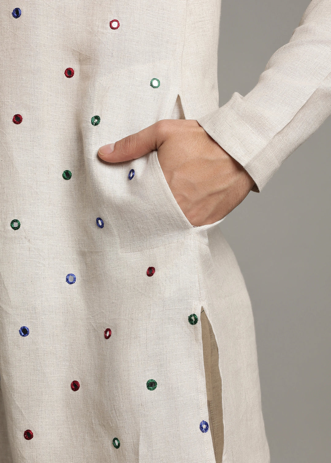 Aaina - Pure Linen Mirror Embroidered Regular Kurta - Ecru