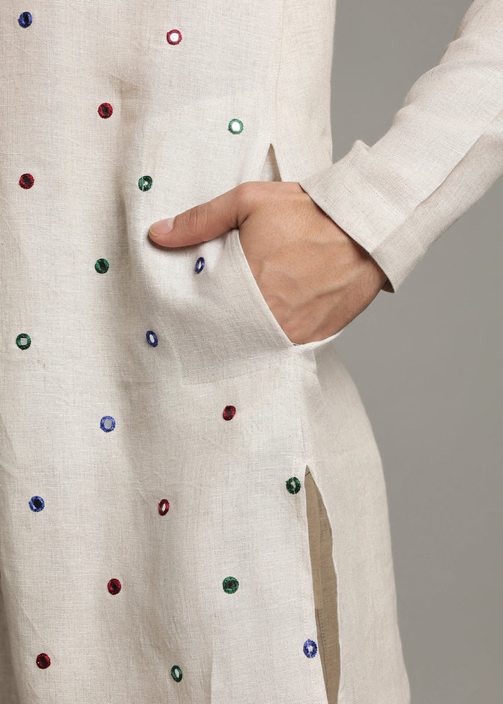 Aaina - Pure Linen Mirror Embroidered Regular Kurta - Ecru
