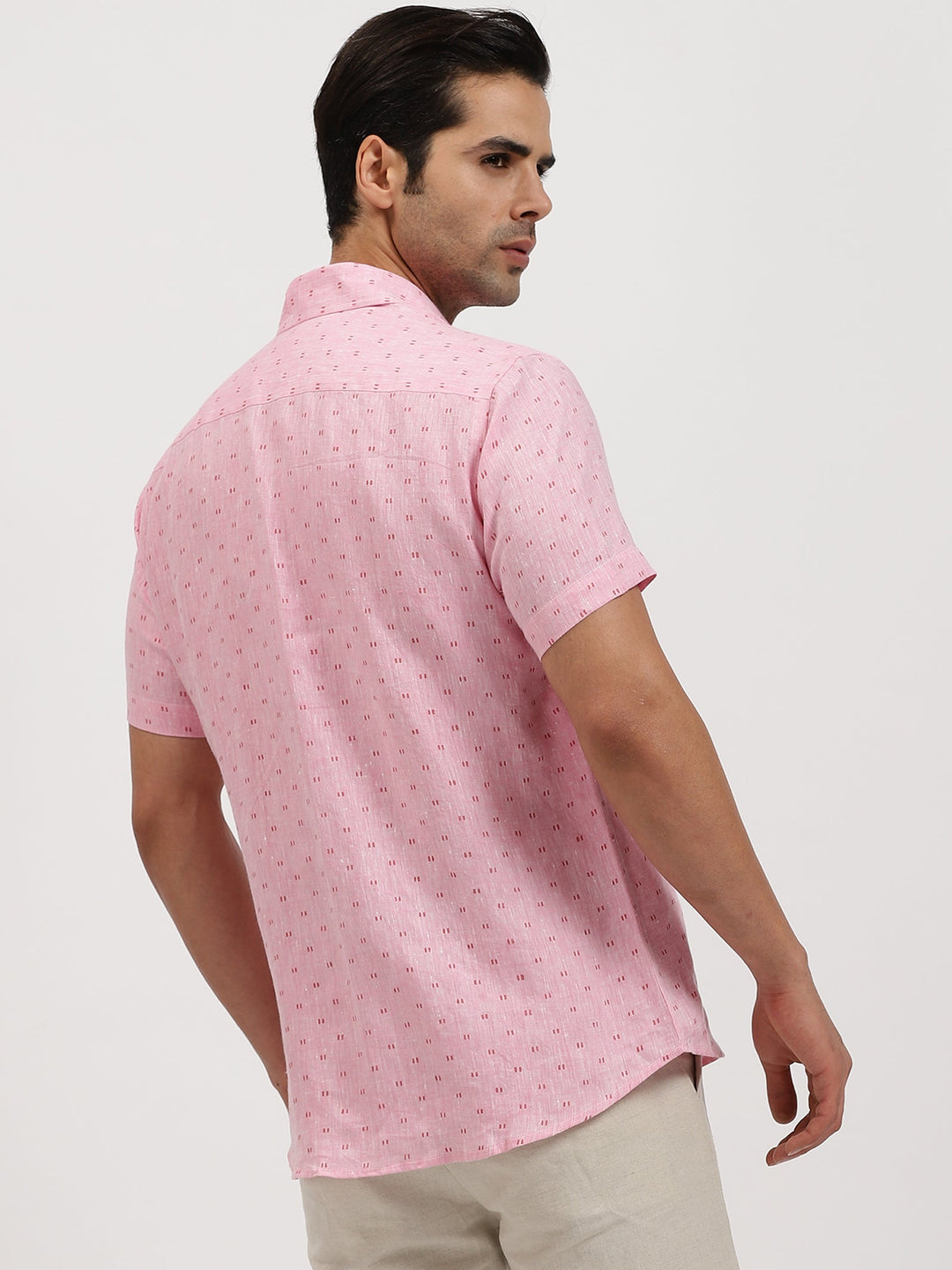 Haynes - Pure Linen Block Printed Dobby Half Sleeve Shirt - Pink | Rescue