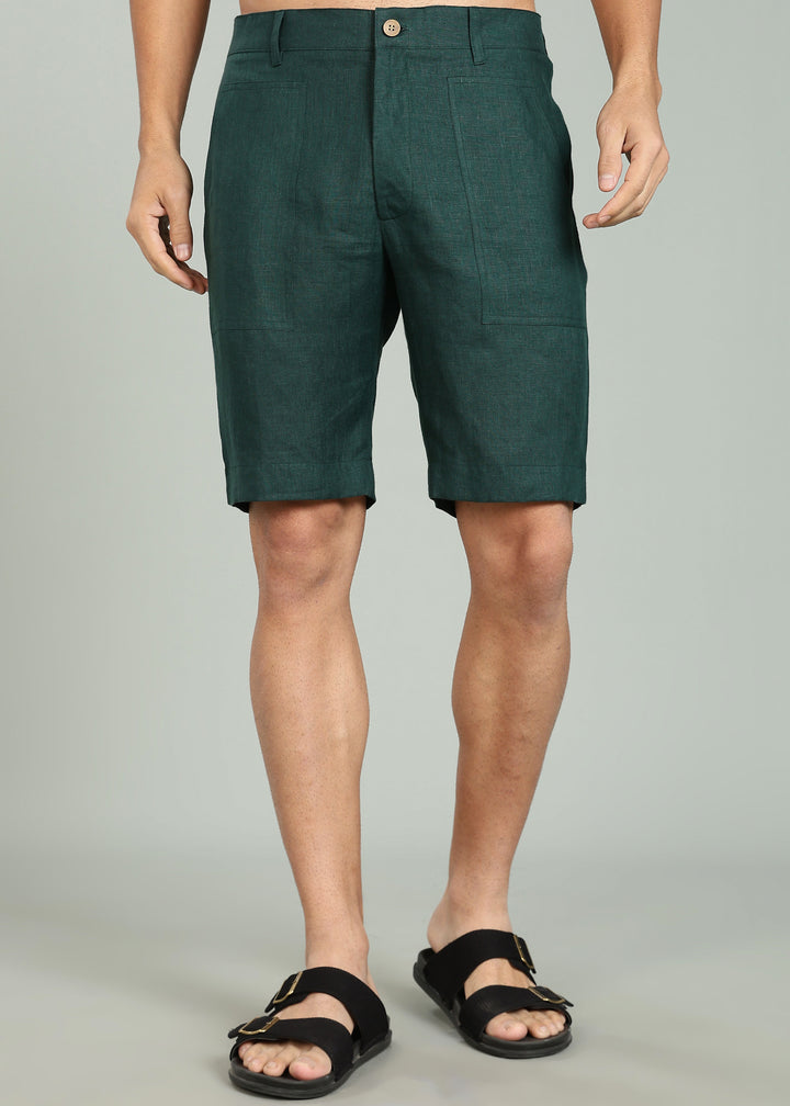 Noel Shorts - Pure Linen Shorts with Patch Pocket - Dark Pine Green