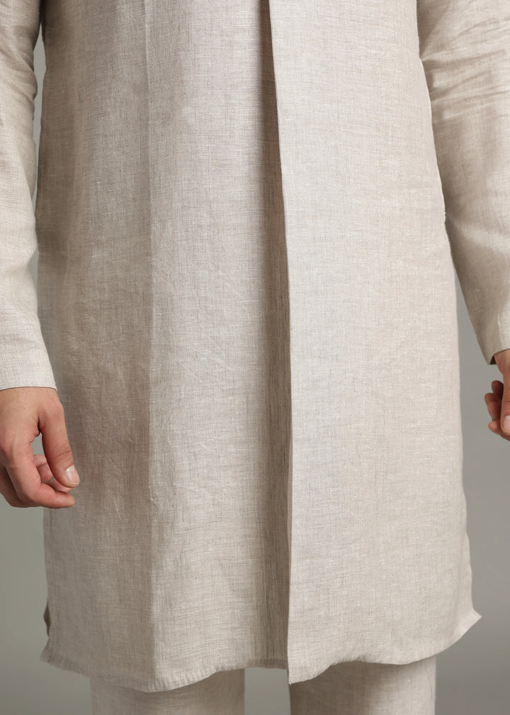 Vansh - Pure Linen Regular Kurta with Printed Placket detail - Ecru