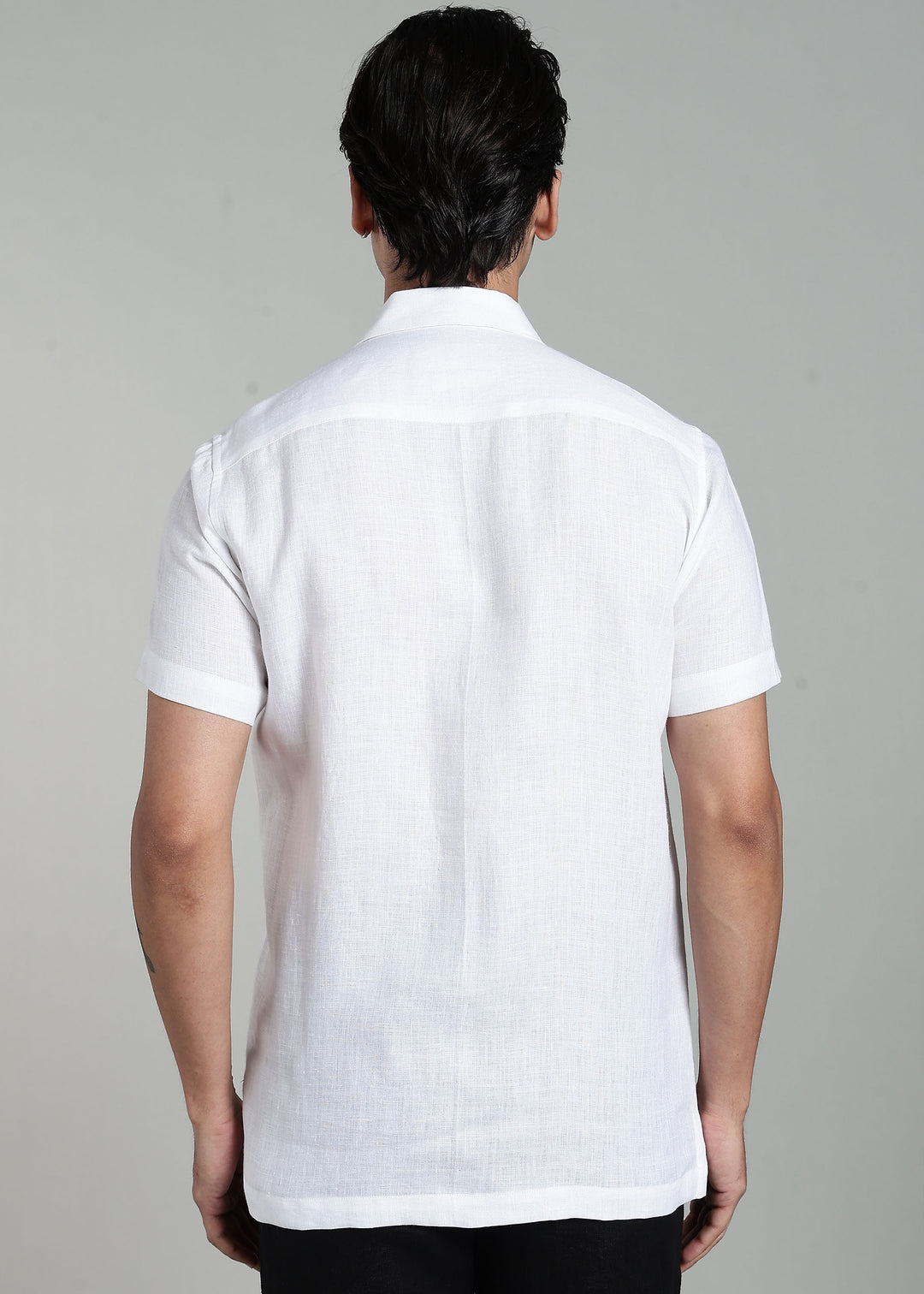 Serq - Pure Linen Half Sleeve Cuban Collar Shirt with Egypt Inspired Embroidery - White