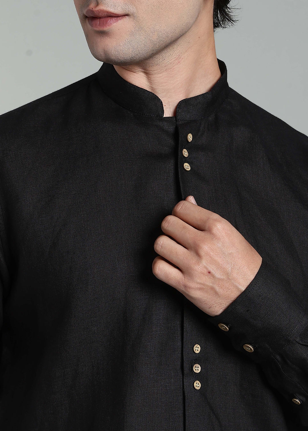 Flint - Pure Linen Shirt with Mandarin Collar & Trio Button Detail - Black