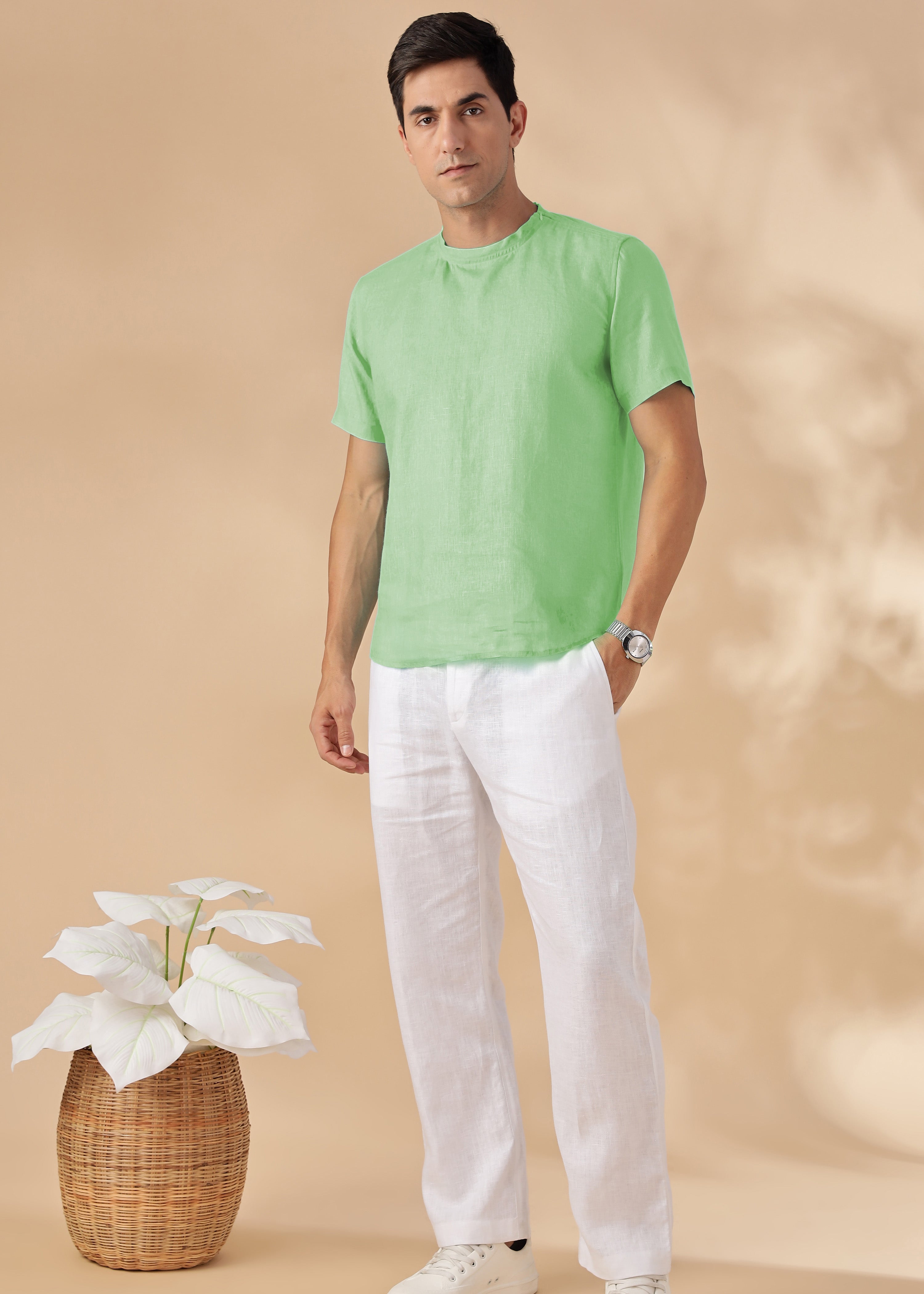 Light Green Pure Linen Short Sleeve T-Shirt – Linen Trail