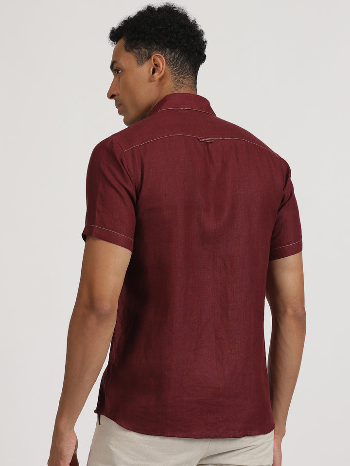 Peter - Pure Linen Stitch Detailed Half Sleeve Shirt - Burgundy
