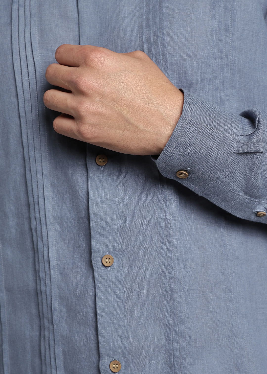Archer - Pure Linen Mandarin Collar Pleat Detail Full Sleeve Shirt - Blue Grey