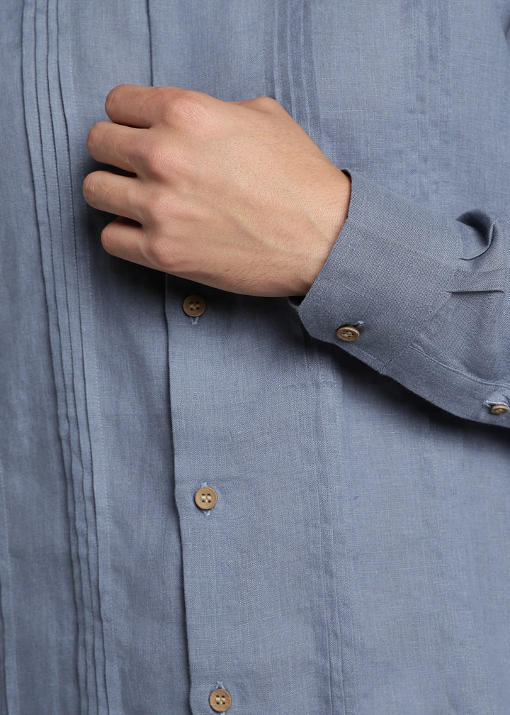 Archer - Pure Linen Mandarin Collar Pleat Detail Full Sleeve Shirt - Blue Grey