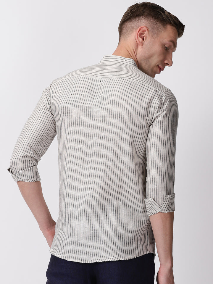 Max - Pure Linen Striped Long Sleeve Shirt - Ecru & Black