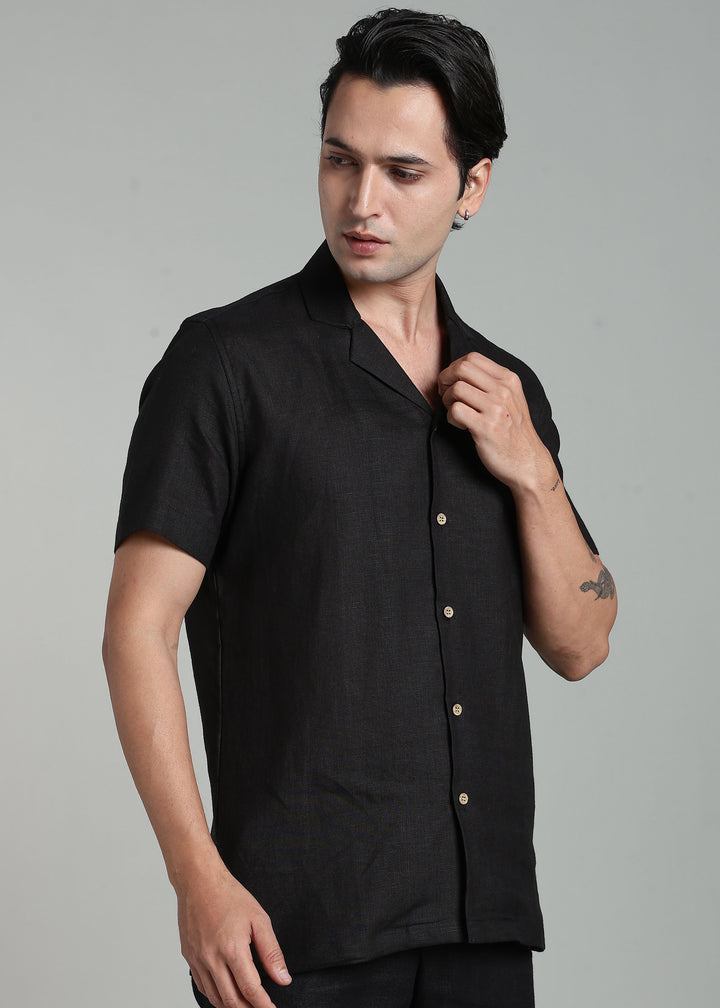 Nathan - Cuban Collar Pure Linen Half Sleeve Shirt - Black