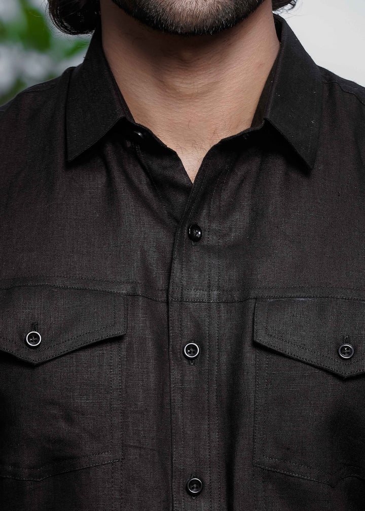Thomas - Pure Linen Double Pocket Short Sleeve Shirt - Black (Factory Rescue)