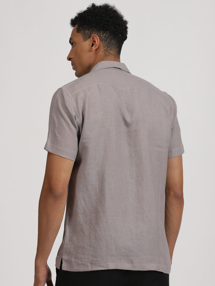 Cal - Pure Linen Hand Embroidered Half Sleeve Shirt - Cement Grey
