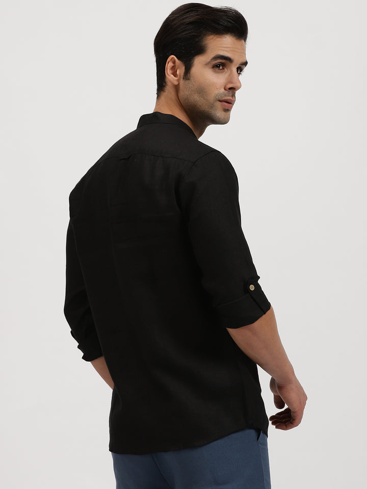Luca - Pure Linen Double Pocket Full Sleeve Shirt - Black