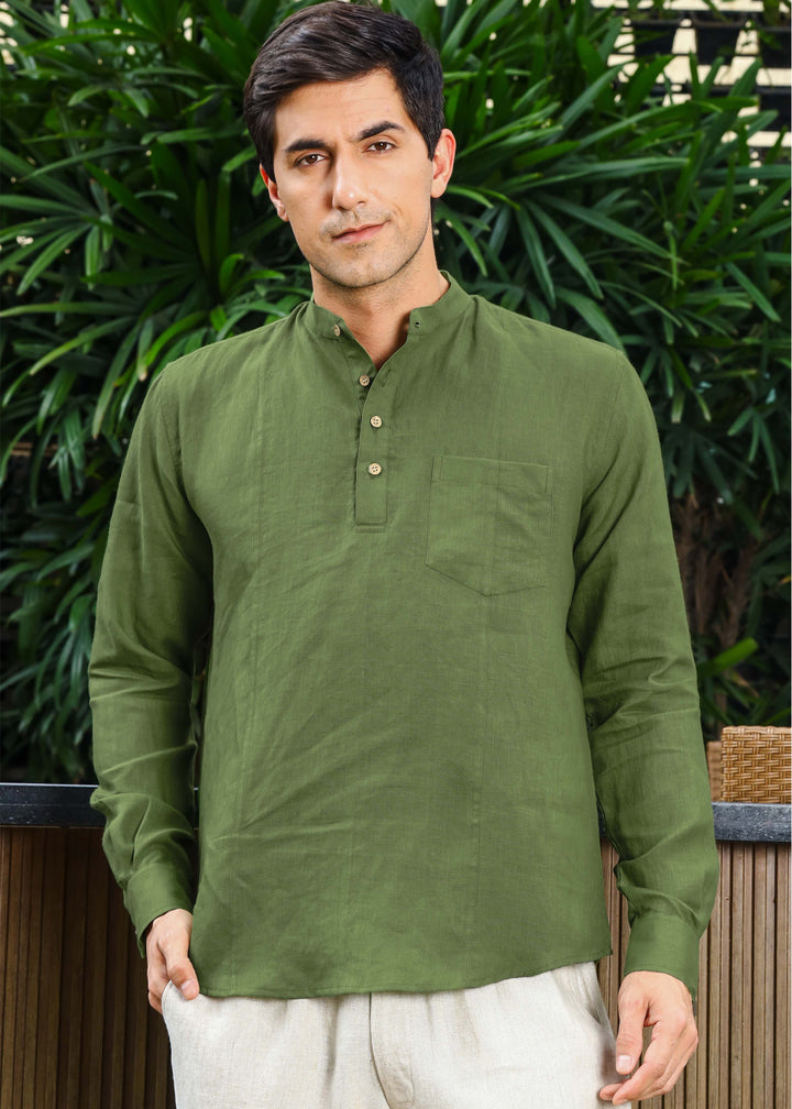 Trevor - Half Placket Pure Linen Full Sleeve Shirt - Cossack Green