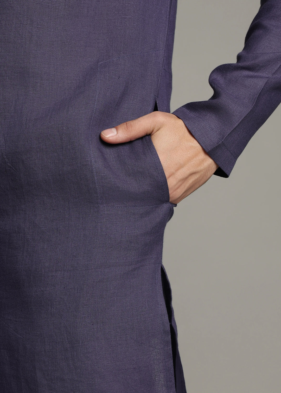 Zouq - Full Sleeve Collarless Pure Linen Mid Kurta  - Lapis Violet